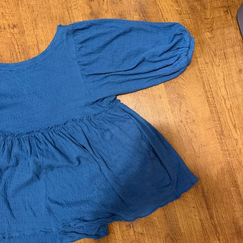 Free People FP Beach Peplum Top Womens L Blue Puff Sleeve Gauze Boho Chic Blouse